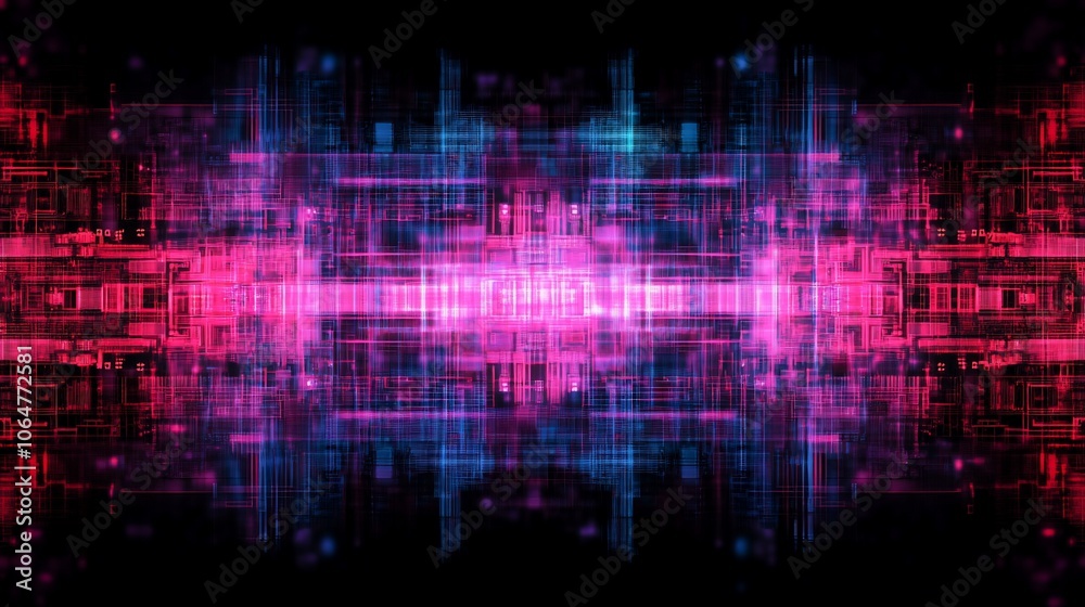 Abstract digital background with blue and red glowing lines and squares. Abstract digital background with blue and red glowing lines and squares.