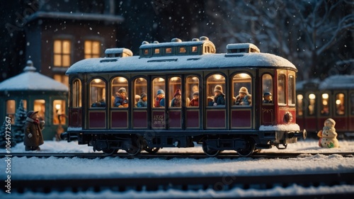 A miniature scene featuring a train track, train, and tiny figurines of people, creating a detailed and whimsical depiction of a railway landscape