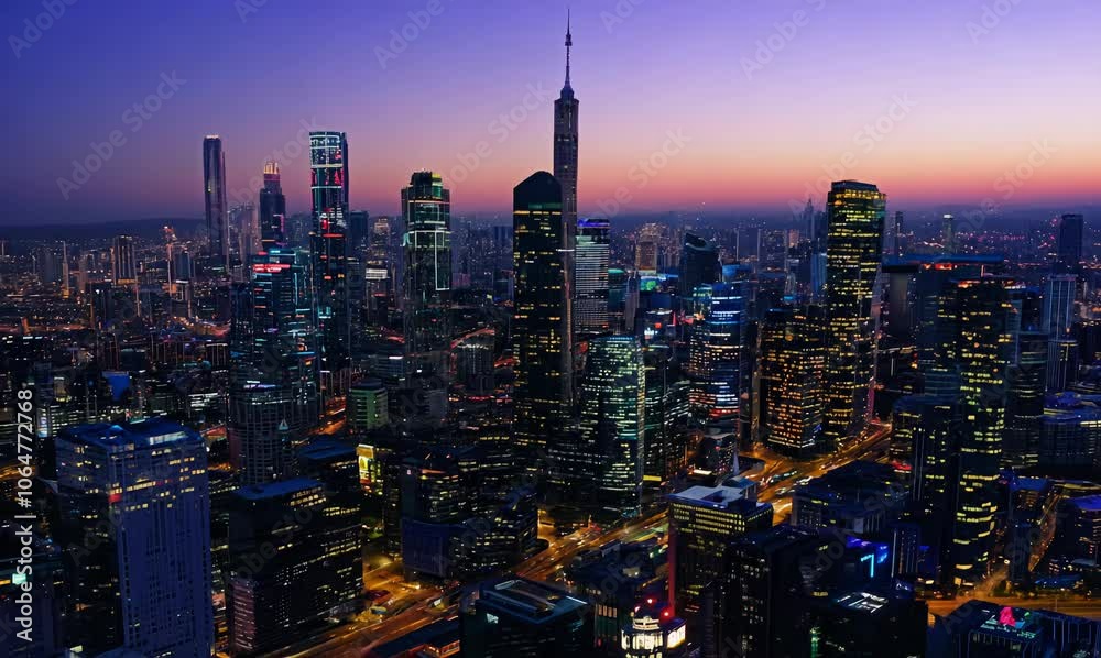 aerial view of a crowded city with dynamic nighttime illumination
