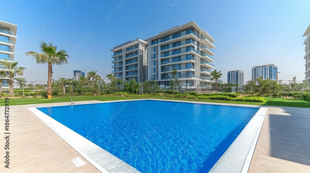 A serene pool area surrounded by modern buildings and lush landscaping under a clear blue sky. A serene pool area surrounded by modern buildings and lush landscaping under a clear blue sky.