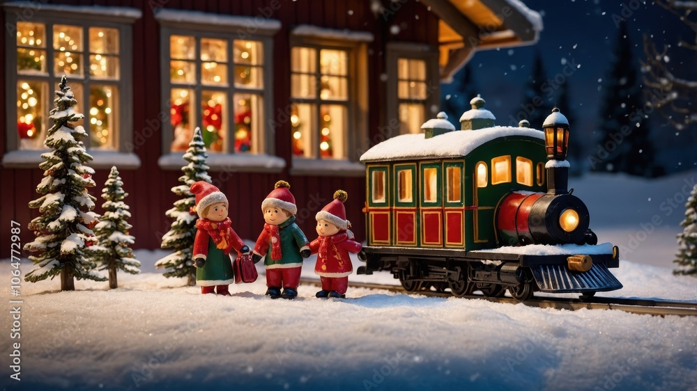 A festive scene depicts colorful figurines of families and friends gathered around a beautifully decorated train. The atmosphere is lively and cheerful, capturing the spirit of Christmas with twinklin