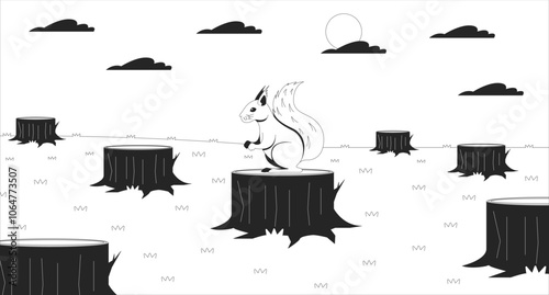Deforestation environmental issues black and white line illustration. Squirrel lost habitat 2D character monochrome background. Endangered rodent. Illegal logging. Forest destruction outline vector