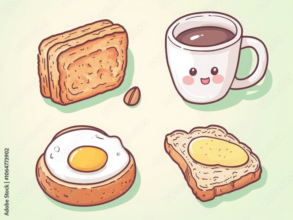 Charming collection of breakfast delights featuring toast eggs and coffee for a whimsical morning vibe Charming collection of breakfast delights featuring toast eggs and coffee for a whimsical morning vibe