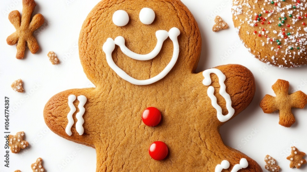 Festive gingerbread man with icing buttons and a big smile, isolated on a clean white background Festive gingerbread man with icing buttons and a big smile, isolated on a clean white background