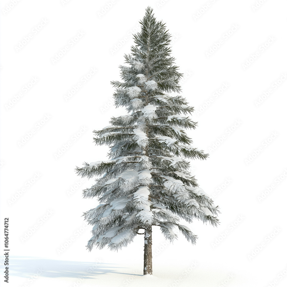Fototapeta premium Isolated snow-covered Christmas tree on white background.Separate tree for holiday cards, invitations and social media posts.