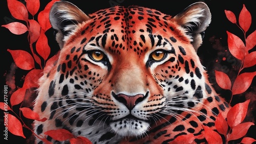 Vibrant Leopard Portrait with Red Leaves on Black Background photo