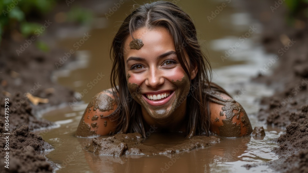 Fototapeta premium A natural mud puddle visuals scene of a person enjoying a thick, dark mud puddle with ripples and playful textures