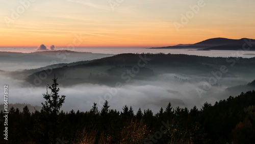 Sunset in the Teplice-Adršpašské rocks. View of the Krkonoše Mountains from the Teplice-Adršpašské rocks.