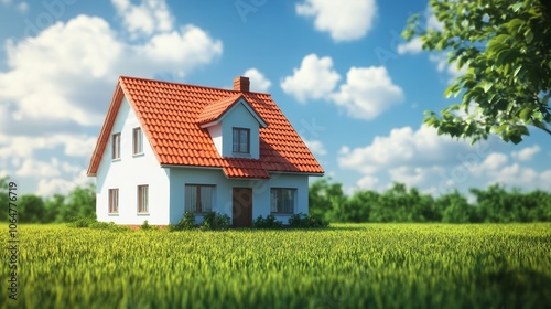 A charming house with a red roof set in a lush green field under a bright blue sky.