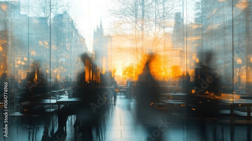 Abstract Urban Scene with Silhouetted Figures and Warm Sunset Reflections in a Modern Cityscape photo