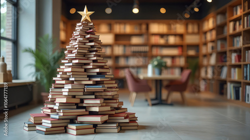 Christmas tree made of a large number of books, decorated with a star, against the background of a bookstore, library