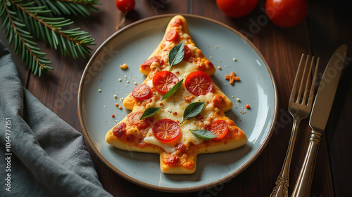 Pizza made in the shape of a Christmas tree, with tomatoes, cheese, spices, on a plate, which stands on a wooden table, next to fir branches, a fork and a knife.
