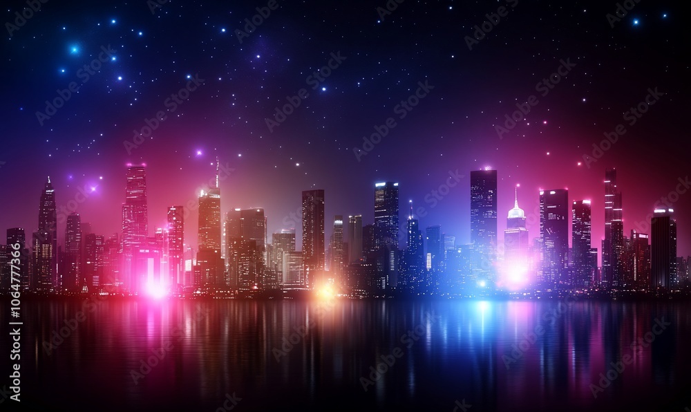 City skyline with colorful lights and stars reflecting in water at night. City skyline with colorful lights and stars reflecting in water at night.