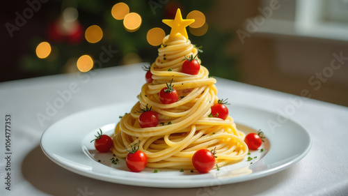 Spaghetti pasta on a white plate is arranged in the shape of a Christmas tree, decorated with a cheese star and tomatoes, against a backdrop of festive lights