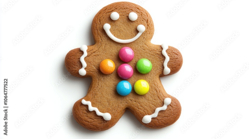 Gingerbread man with icing outline and colorful candy buttons, isolated on a plain white background Gingerbread man with icing outline and colorful candy buttons, isolated on a plain white background