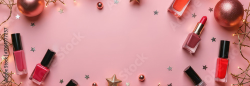 Banner on a pink background lipstick and nail polishes, New Year's decorations, New Year's balls, stars, garland