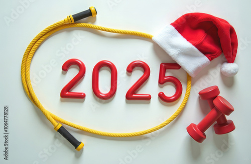 Around the red numbers 2025 lies a yellow jump rope, red dumbbells, a Santa Claus hat, on a white background