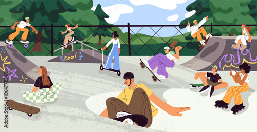 Young people have fun at skate park. Skaters riding boards at skatepark. Men and women in helmets jumping, do tricks, stunts on skateboards on ramps. Extreme street sport. Flat vector illustration