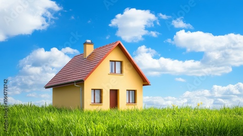 A cozy yellow house surrounded by lush green grass under a bright blue sky with fluffy white clouds.