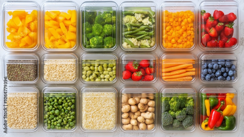 Meal prep with fresh fruits and vegetables in clear containers for healthy eating goals Meal prep with fresh fruits and vegetables in clear containers for healthy eating goals