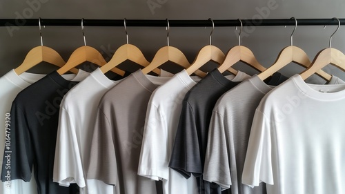 Row of neutral color t shirts hanging on wooden hangers displaying minimalist style photo