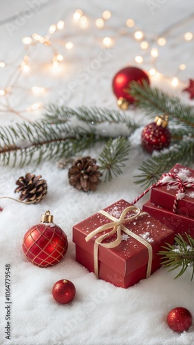 Christmas red decorations on snow with gift boxes, fir tree branches and christmas lights. Winter Decoration Background with copy space for text