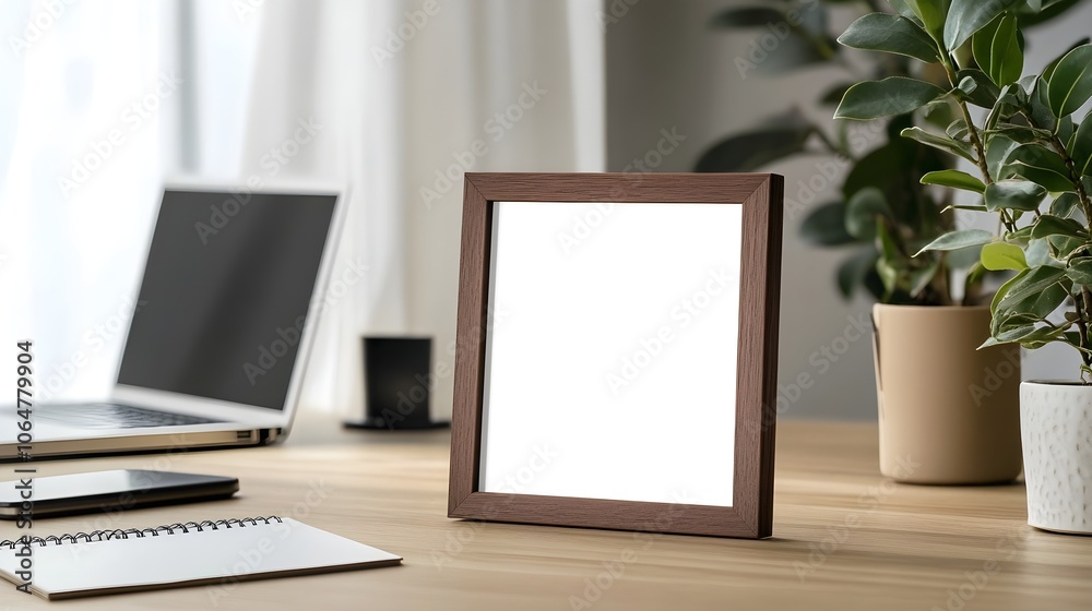 A modern picture frame on a wooden desk in a home office, with a laptop and notebook nearby, surrounded by minimalist decor and a green plant in the background A modern picture frame on a wooden desk in a home office, with a laptop and notebook nearby, surrounded by minimalist decor and a green plant in the background