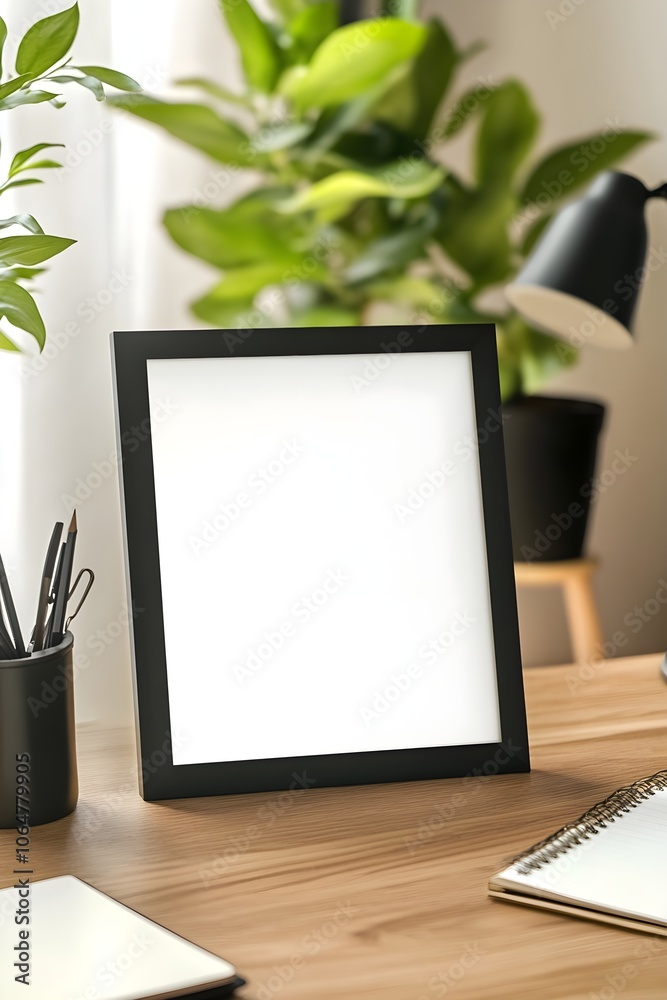 A modern picture frame on a wooden desk in a home office, with a laptop and notebook nearby, surrounded by minimalist decor and a green plant in the background A modern picture frame on a wooden desk in a home office, with a laptop and notebook nearby, surrounded by minimalist decor and a green plant in the background