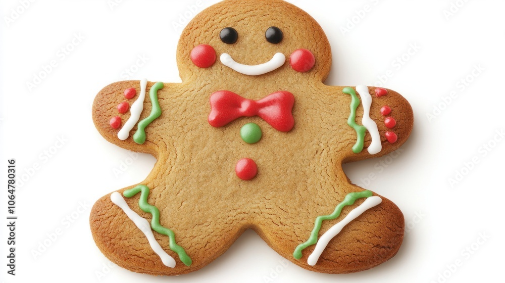 Happy gingerbread man cookie with cute icing details, isolated on a plain white background Happy gingerbread man cookie with cute icing details, isolated on a plain white background