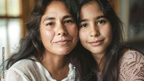 Mother and daughter with gentle expressions, sitting closely together indoors, sharing a warm and intimate moment in soft natural light