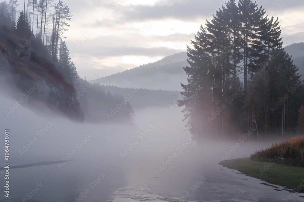 Fototapeta premium A sunlight foggy scene with nature in the background