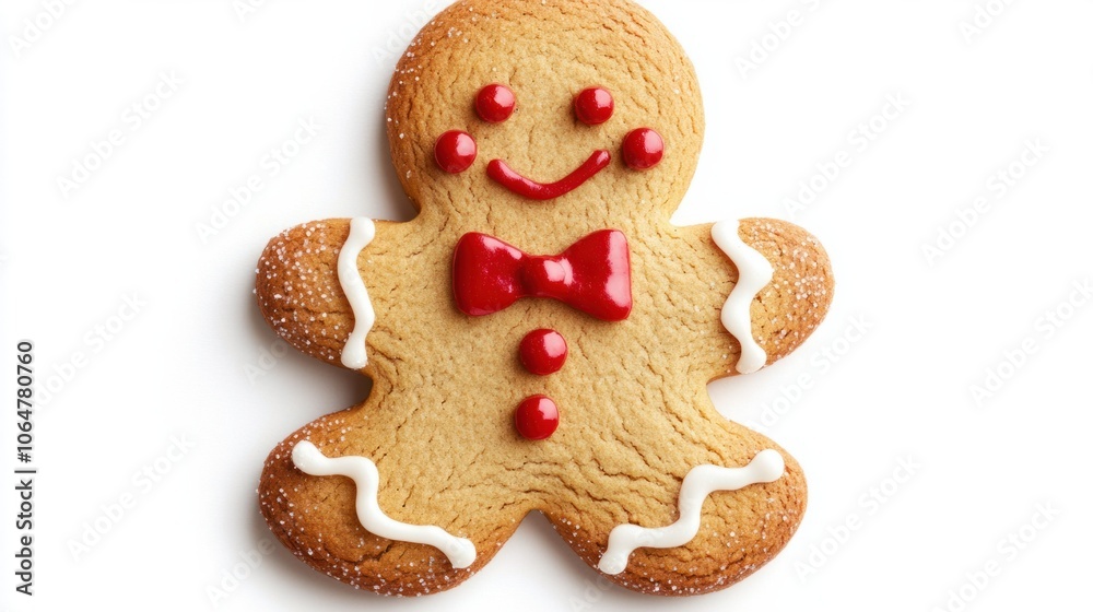 Happy gingerbread man with red buttons and bow tie, isolated on a clean white background for holiday cheer Happy gingerbread man with red buttons and bow tie, isolated on a clean white background for holiday cheer