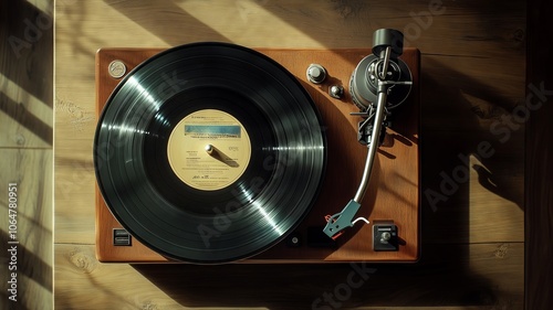 Vinyl record playing on a turntable in sunlight, photo