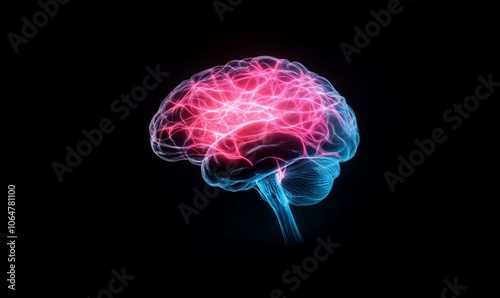 Glowing brain with red and blue neural pathways on a black background.