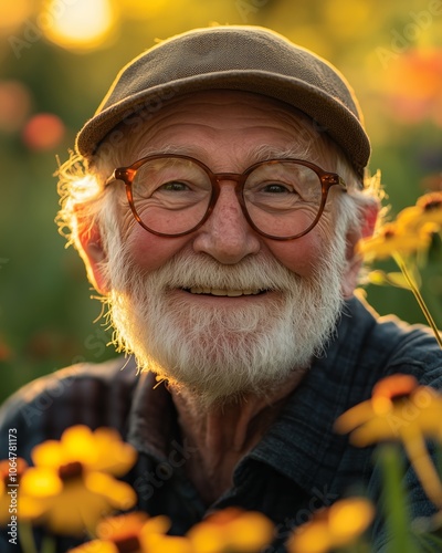 Elderly man with a joyful smile surrounded by vibrant flowers in a sunlit garden during a golden hour summer evening