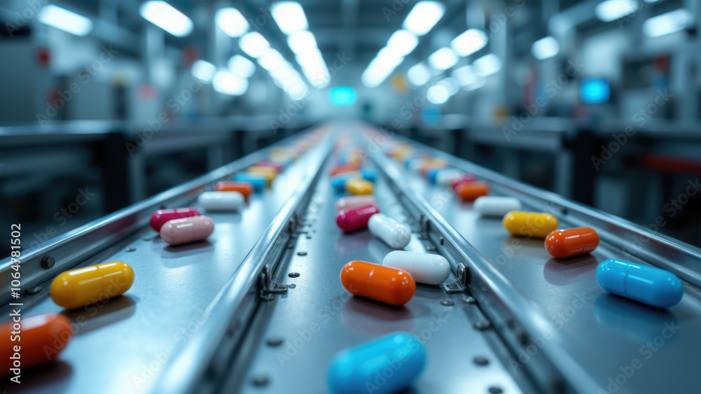 An industrial setting with a conveyor belt filled with colorful pharmaceutical tablets. An industrial setting with a conveyor belt filled with colorful pharmaceutical tablets.