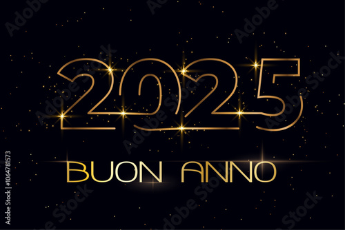 biglietto o striscione per augurare un felice anno nuovo 2025 in oro con stelle su sfondo nero