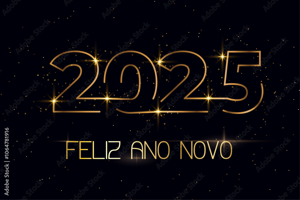 cartão ou banner para desejar um feliz ano novo 2025 em dourado com estrelas sobre fundo preto