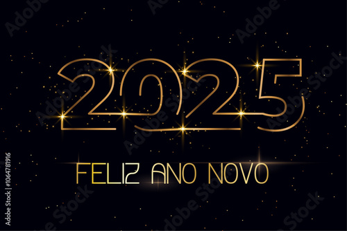 cartão ou banner para desejar um feliz ano novo 2025 em dourado com estrelas sobre fundo preto