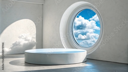 Abstract white round corner pedestal podium with cloud in blue window

