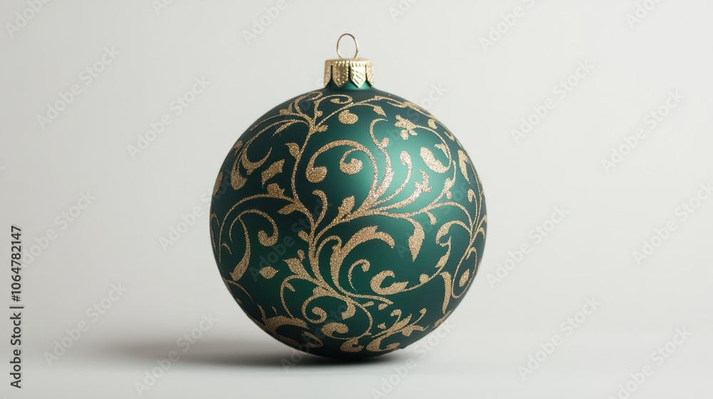 Matte green Christmas ball with subtle golden designs, creating a classic look on a white background