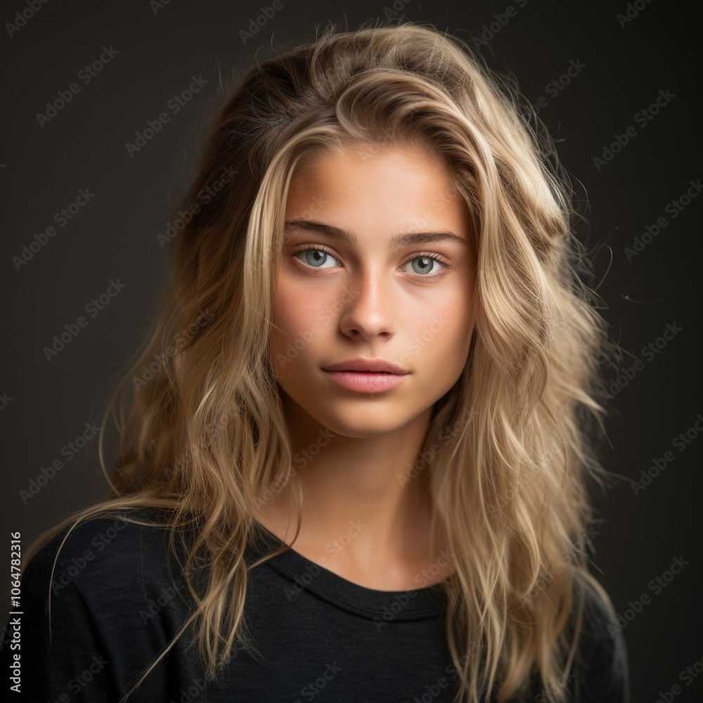 Dutch girl in casual outfit with friendly smile against a colorful studio background Dutch girl in casual outfit with friendly smile against a colorful studio background