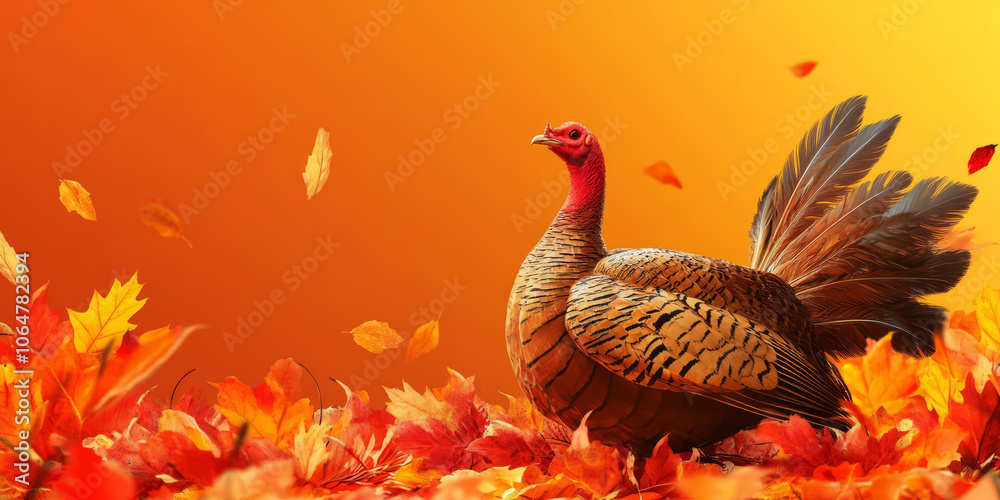 Autumn turkey amongst fallen leaves in a sun-dappled forest,Thanksgiving Concept,Generated By Ai