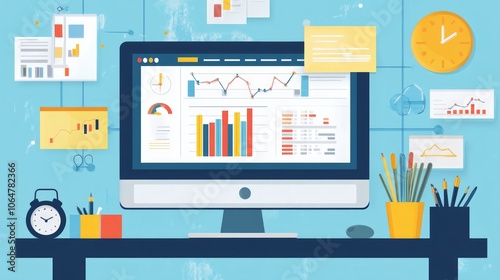 A desktop computer with a data analytics dashboard on the screen, surrounded by charts, graphs, notes, and office supplies.