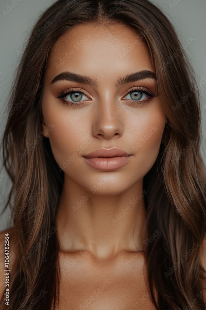 Portrait of a young woman with striking green eyes and long brown hair indoors. Generative AI Portrait of a young woman with striking green eyes and long brown hair indoors. Generative AI