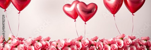 Heart-shaped balloons floating gently above a bed of plush, pink flowers, carefree, whimsy photo