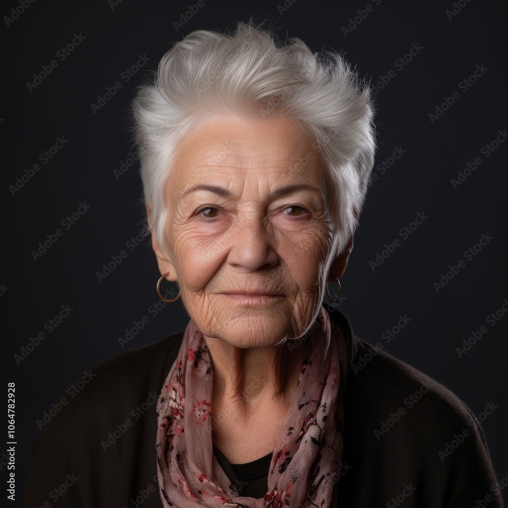 Bulgarian old woman in casual outfit with gentle smile against a vibrant studio background Bulgarian old woman in casual outfit with gentle smile against a vibrant studio background