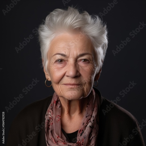 Bulgarian old woman in casual outfit with gentle smile against a vibrant studio background