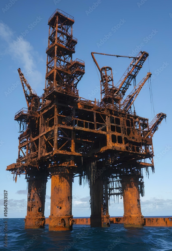 A rusty and abandoned industrial oil rig stands in the ocean. Complete ...