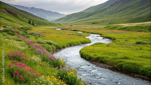 Lazy river meandering through a verdant valley lined with vibrant green grass and colorful wildflowers, nature scenery, calm waters, soothing atmosphere